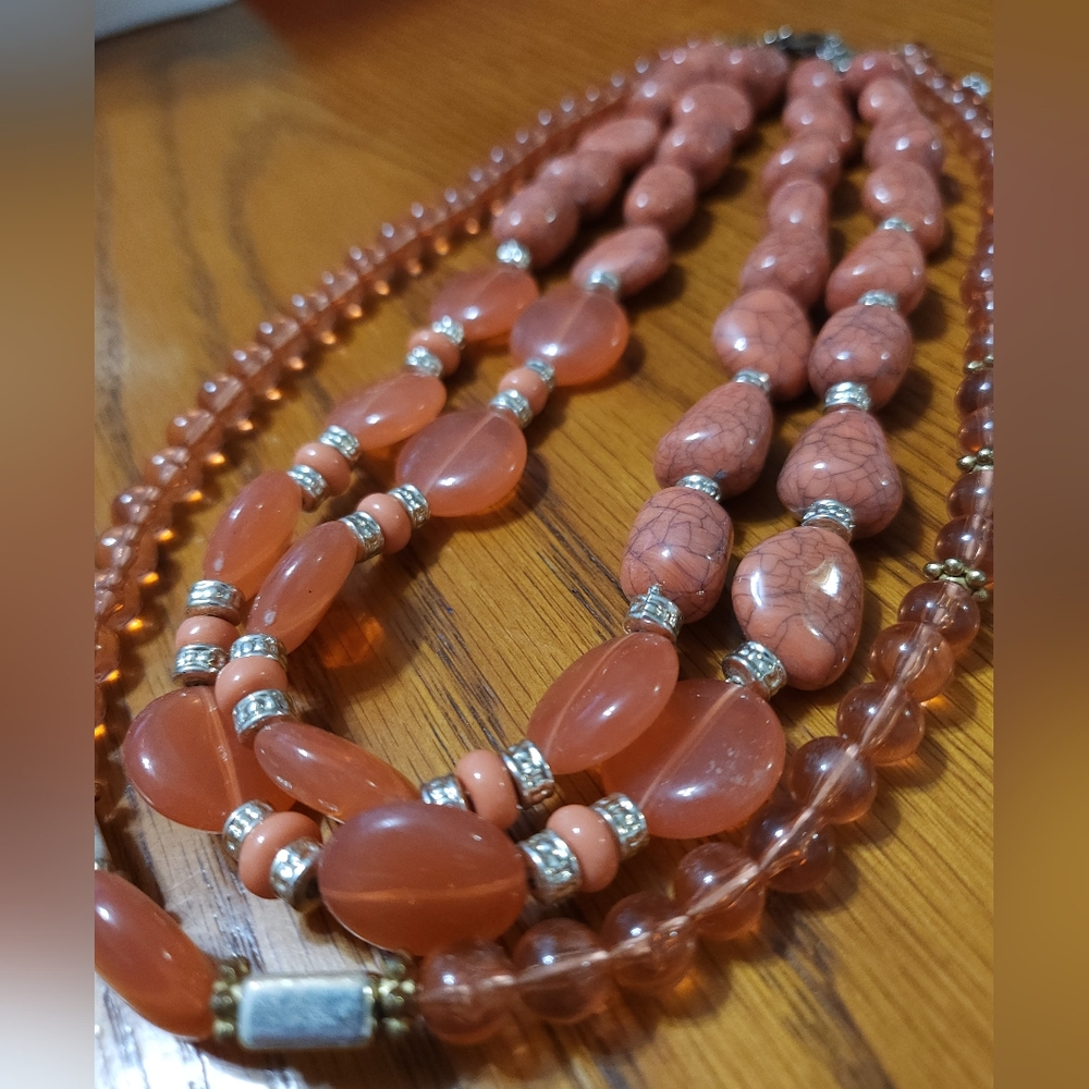 Faux Coral Glass Bead 3 strand necklace. Preloved